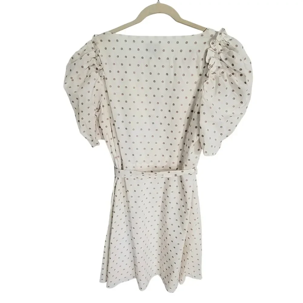 Kate Spade Puff Sleeve Polka Dot Mini Dress V Neck White Pink Tie Cotton Large